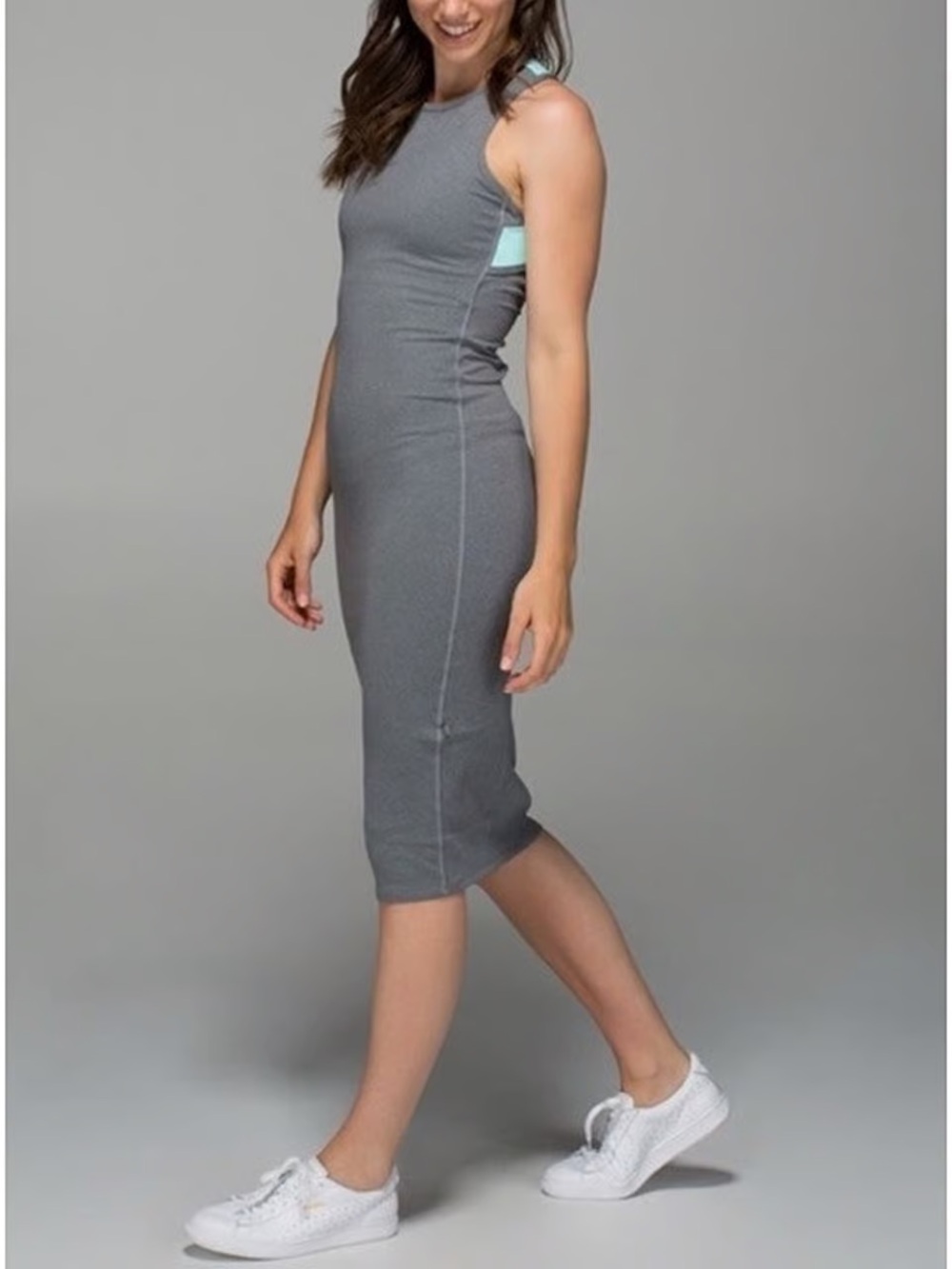 Sleek Gray Midi Sleeveless Dress with Mint Side Detail